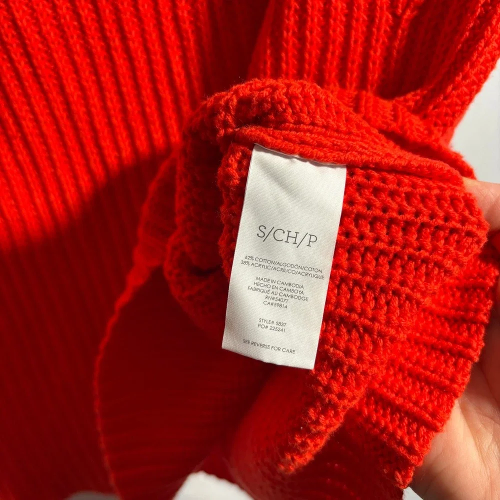 Orange Red Chunky Knit V Knit Slouchy Boxy Short Sleeve Sweater Top Oversized‎ S